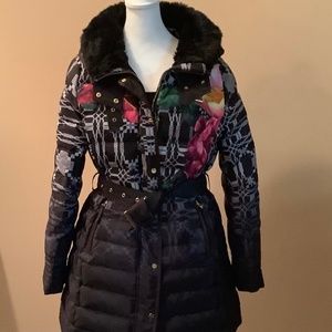 Desigual Long padded coat with belt.